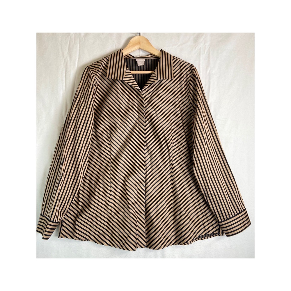 Chicos No Iron Striped Button Down Shirt Tan Black Long Sleeve Blouse Size 3 XL